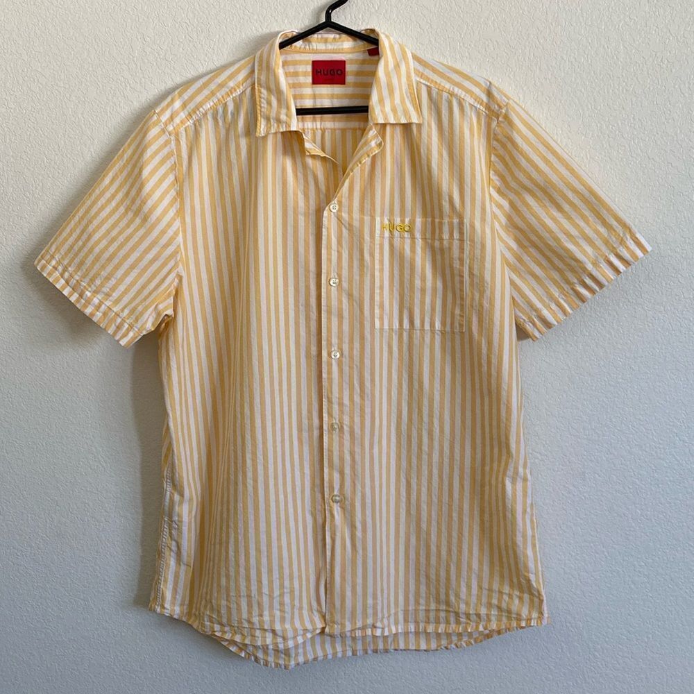 HUGO Men’s Bright Yellow Striped Short Sleeves Shirt Size XXL